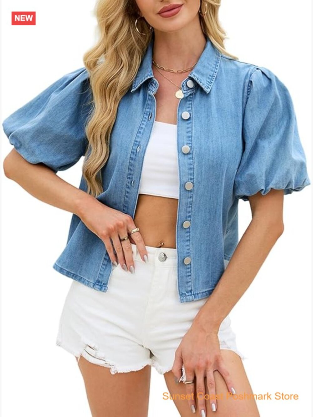 Puff Short Sleeve Denim Button Down Shirt Women Jean Blouse Chambray Top